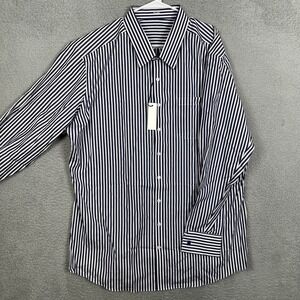 NEW‎ J. Hilburn Mens 3XL Shirt Dress Navy Blue White Stripes French Cuff Pocket